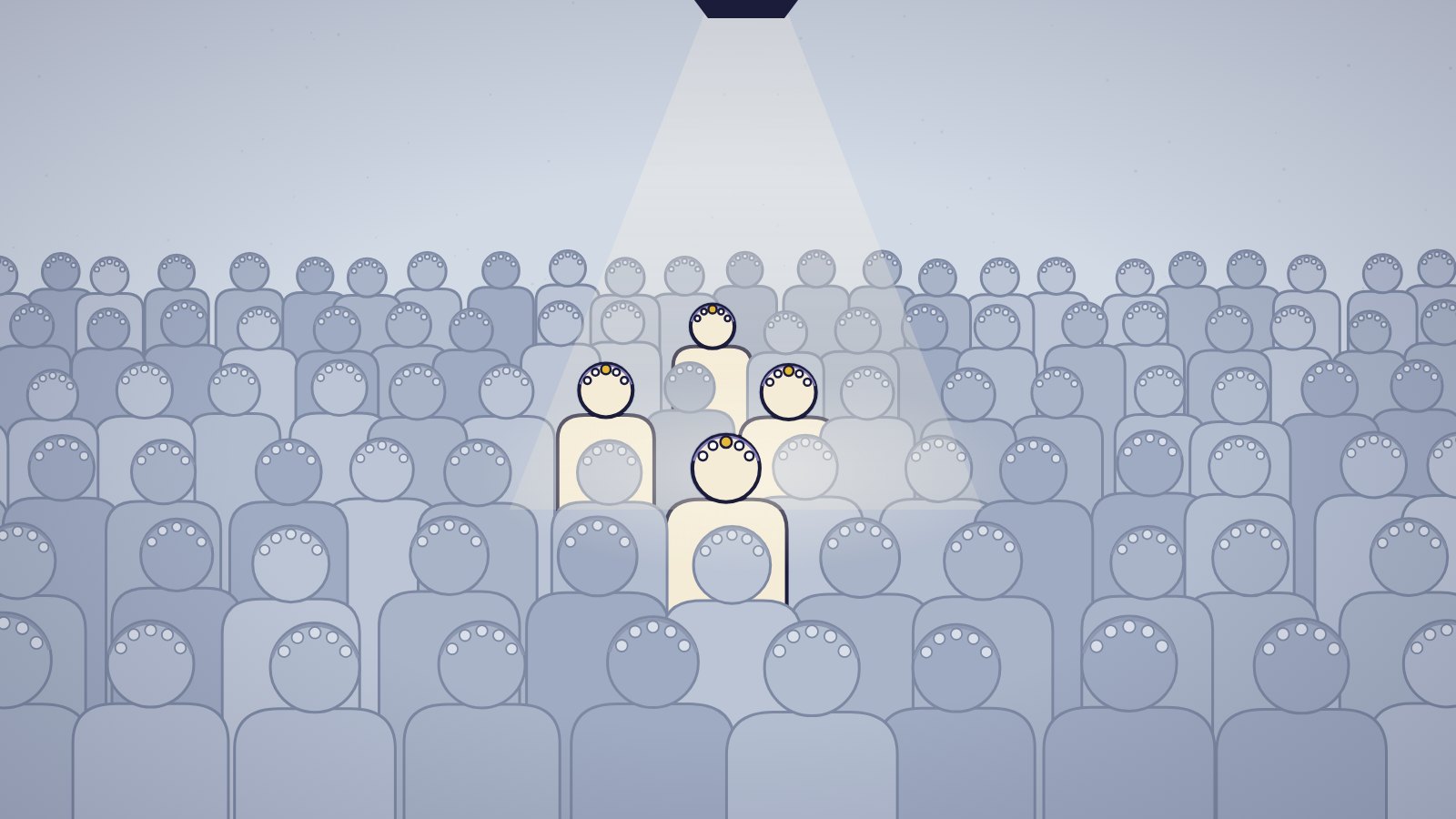 Illustration of a large crowd of people wearing EEG caps, with a spotlight picking out a few of them