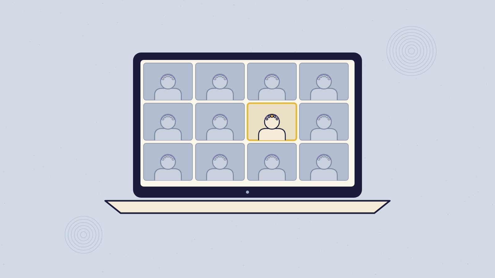 A laptop showing a grid of video-call participants wearing EEG caps