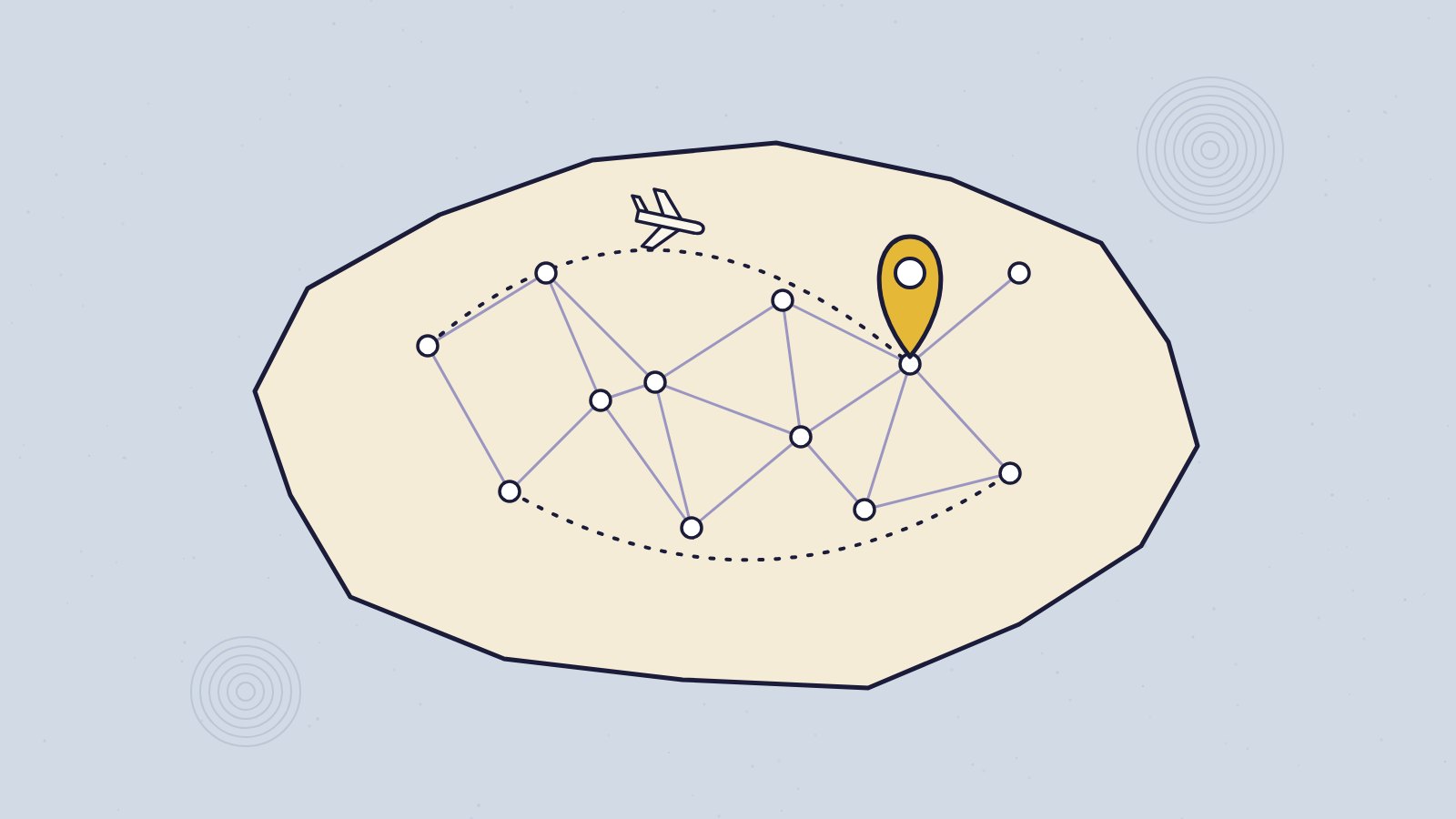 A network of connected places with travel routes and a gold destination pin